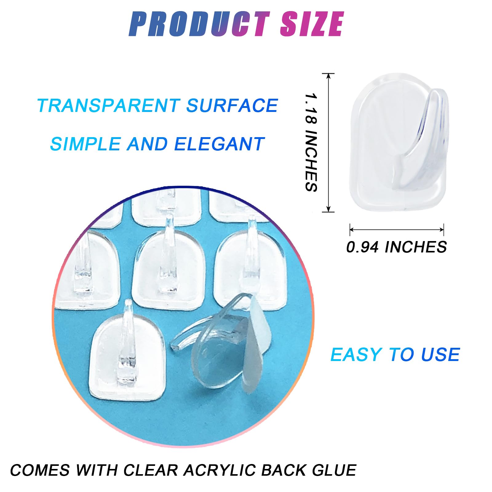 50 PCS Traceless Clear Plastic Adhesive Hooks No Damage Transparent Reusable Seamless Hooks Sticky Hangers with Non Marking Sticker for Kitchen Bathroom Bedroom Office Wall（3*2.4Cm/1.18*0.94Inches）