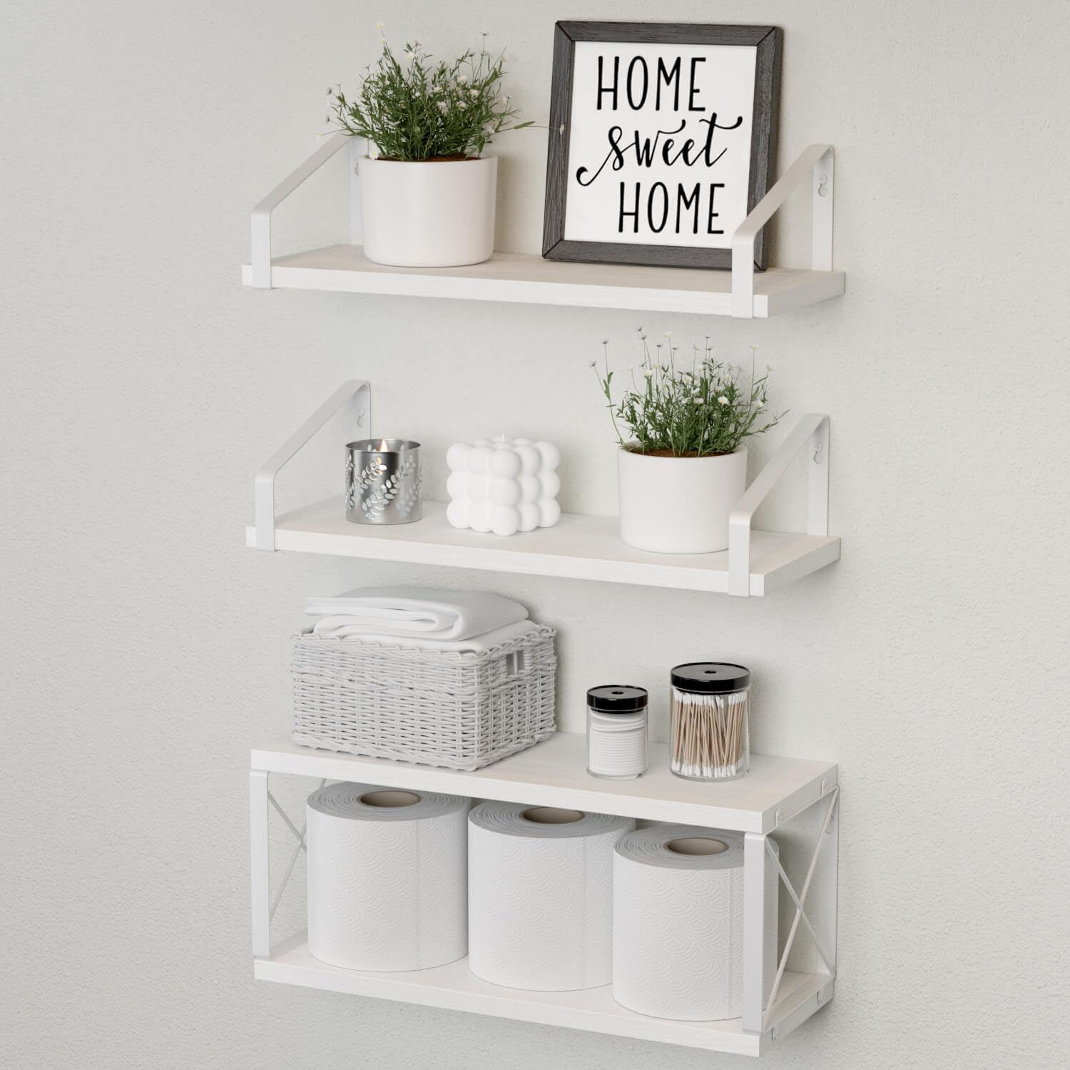 RICHER HOUSE Floating Bathroom Shelves, Bathroom Shelves Over Toilet, White Shelves for Bathroom Wall Decor, Wall Mounted Hanging Shelves for Bedroom, Kitchen Wall Storage and Organizers - White