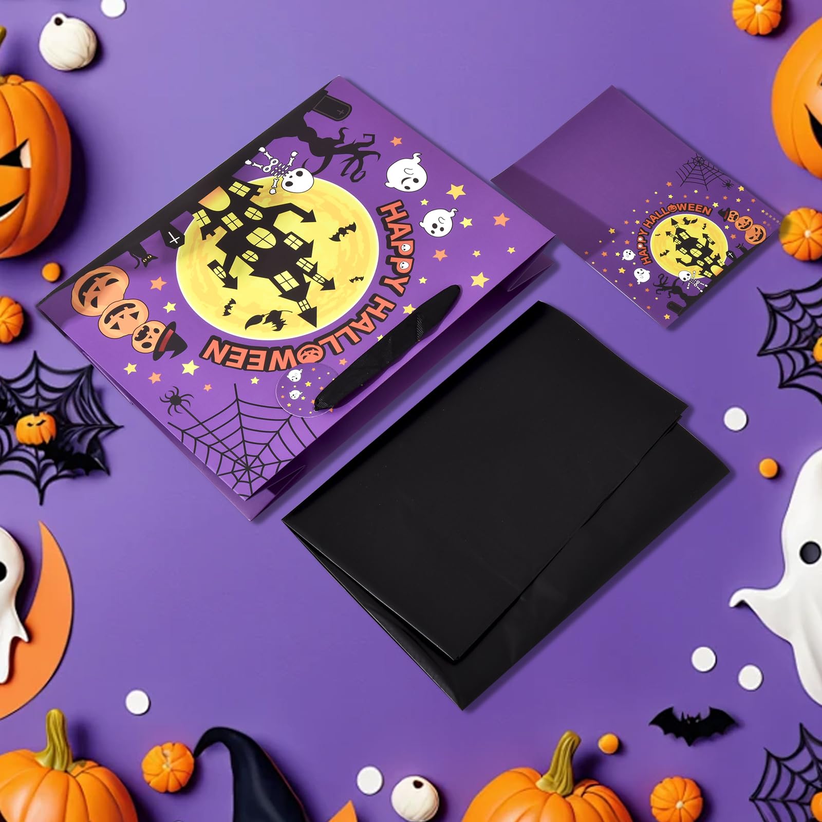 JEWOU Purple Halloween Party Gift Bag Halloween Birthday Gift Bag with Tissue Paper and Card Halloween Night Pumpkin Cat Ghost Wrapping Bat-Themed Favor Bag Halloween Wrapping Paper for Trick or Treat