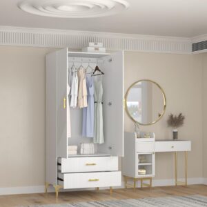 vinform Wardrobe Armoire with 2 Doors, 2 Drawers and Hanging Rods, Twill Wood Closet Storage with Metal Cabinet Legs, White 20.4" D x 31.5" W x 76.77" H (Left Modern)