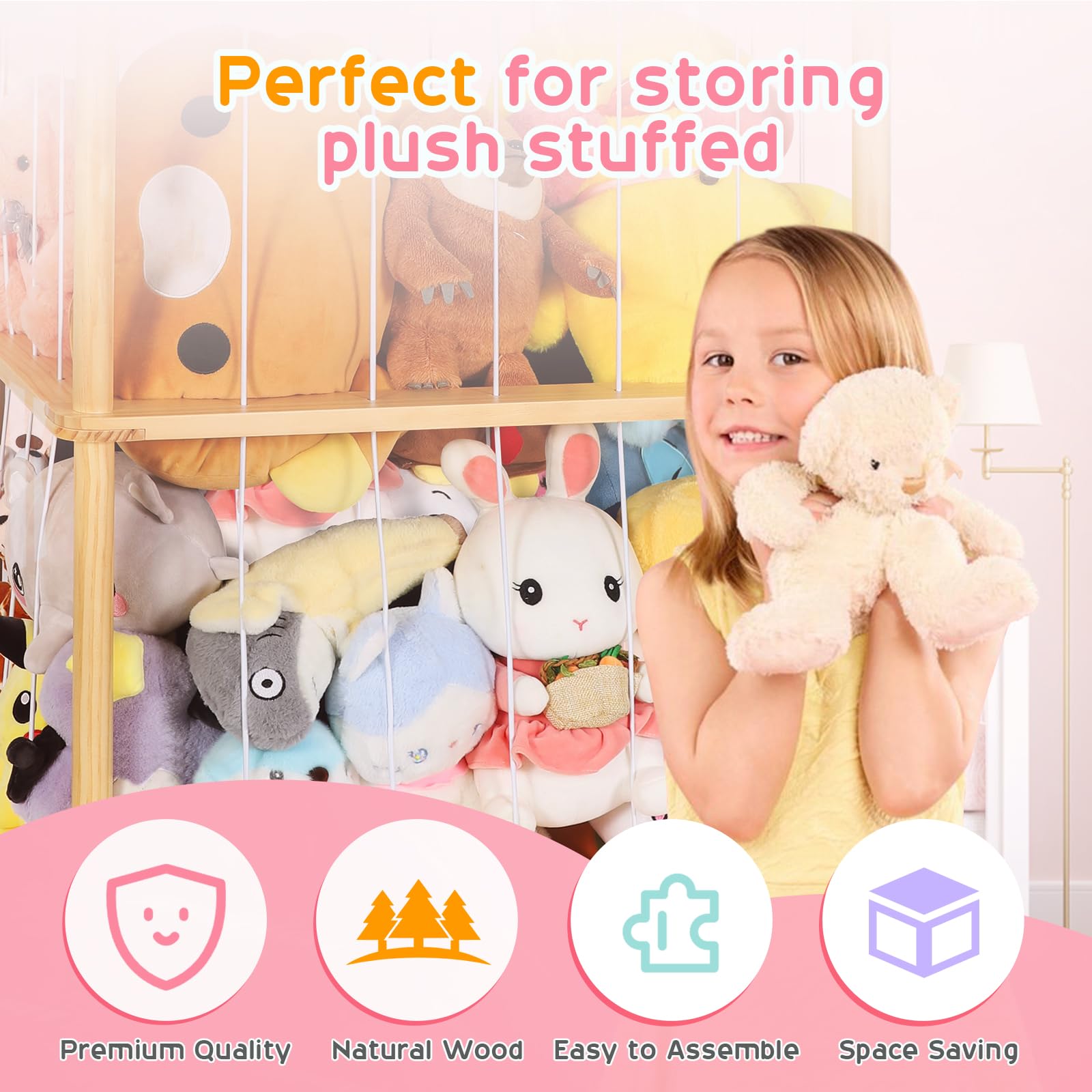 Extra Large Stuffed Animal Storage for Corner Organizer,Premium Wooden Material with Elastic Cord Hold Up to 250 Plush Toys,Stuffed Zoo Animal Holder and Collection for Playroom-Birthday (Extra Large)