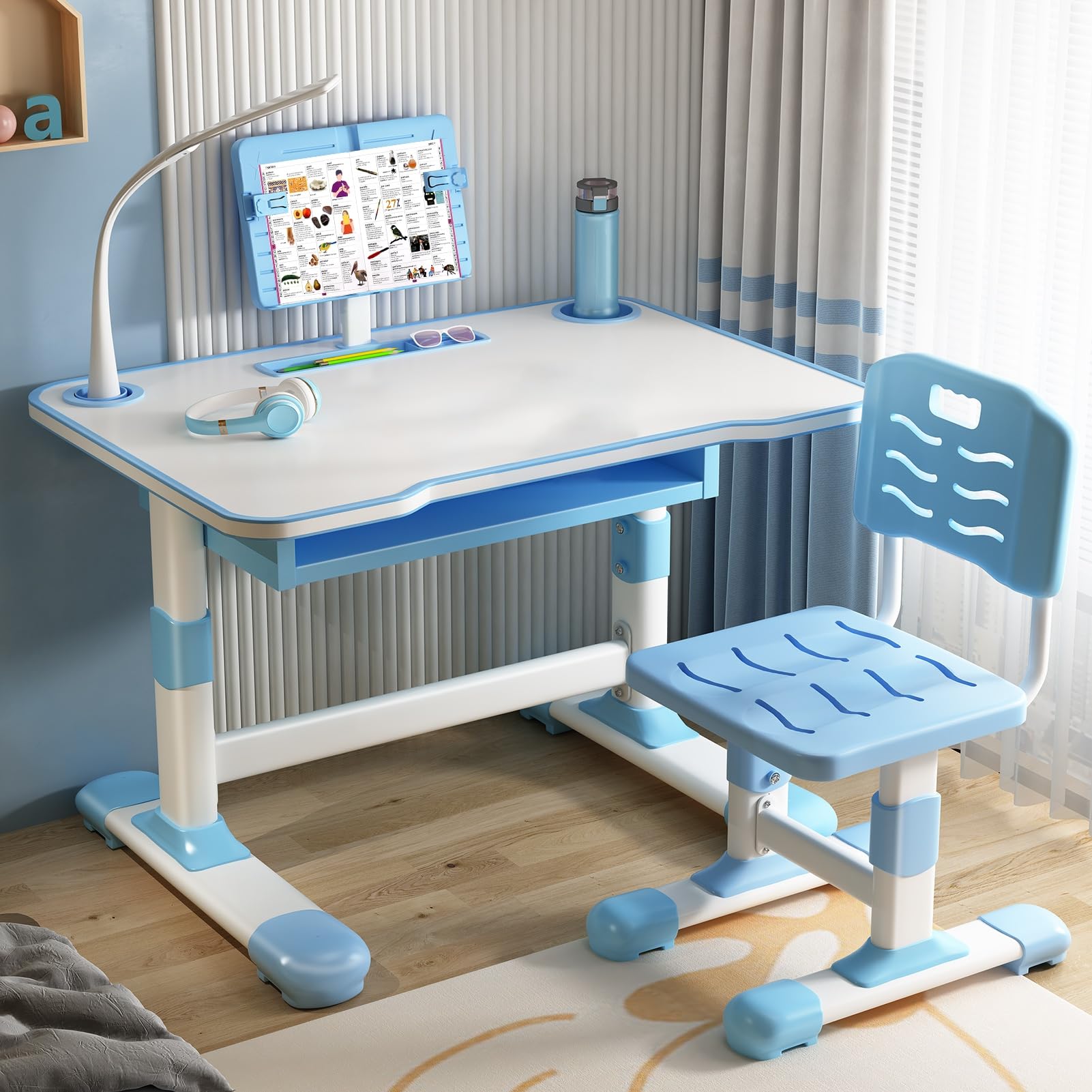 yoakaiax Kids Desk and Chair Set, Height Adjustable Student Study Desk with Extra Large Drawer,Tiltable Desktop Toddlers Writing Table, Children Learning Table with Large Drawer for Boys & Girls Blue