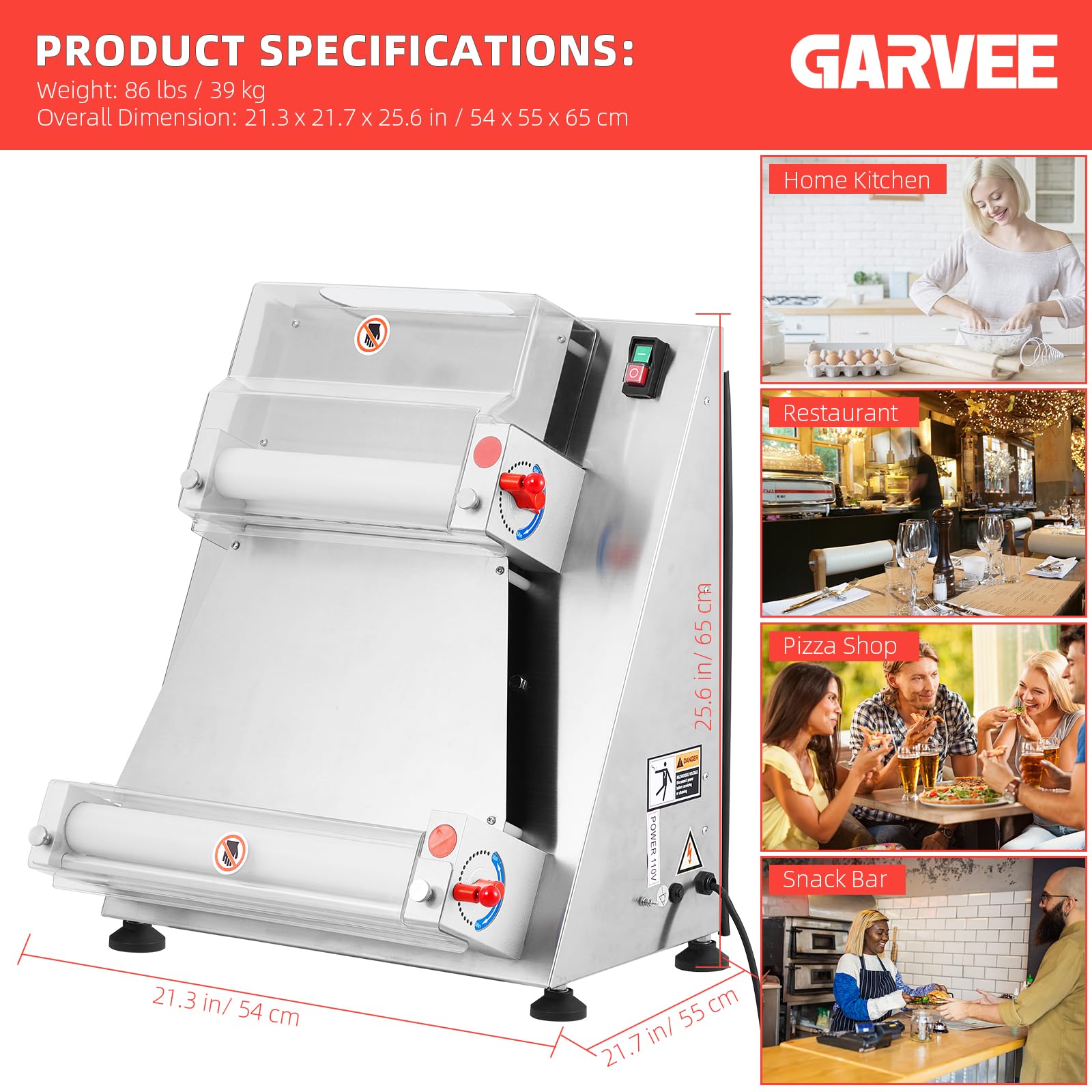 GarveeHome Commercial Pizza Dough Roller Sheeter,Max 16" Automatic 370W Electric Pizza Dough Roller, Stainless Steel, Suitable for Noodle, Pizza Bread and Pasta Maker Equipment