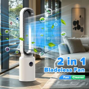 Cobuy Bladeless Tower Fan with Remote, Air Circulator Cooling Fan for Indoor Use, 24 Speeds Settings, 12 Timer, Quiet Oscillating Fan for Home Bedroom, Silver