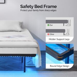 VINGLI Floating Bed Frame Queen with USB Charging Station/LED Lights, 14'' Platform Bed Frame Heavy Duty Metal Bed Queen Size for Kids Teens & Adults, No Box Spring Needed,Black