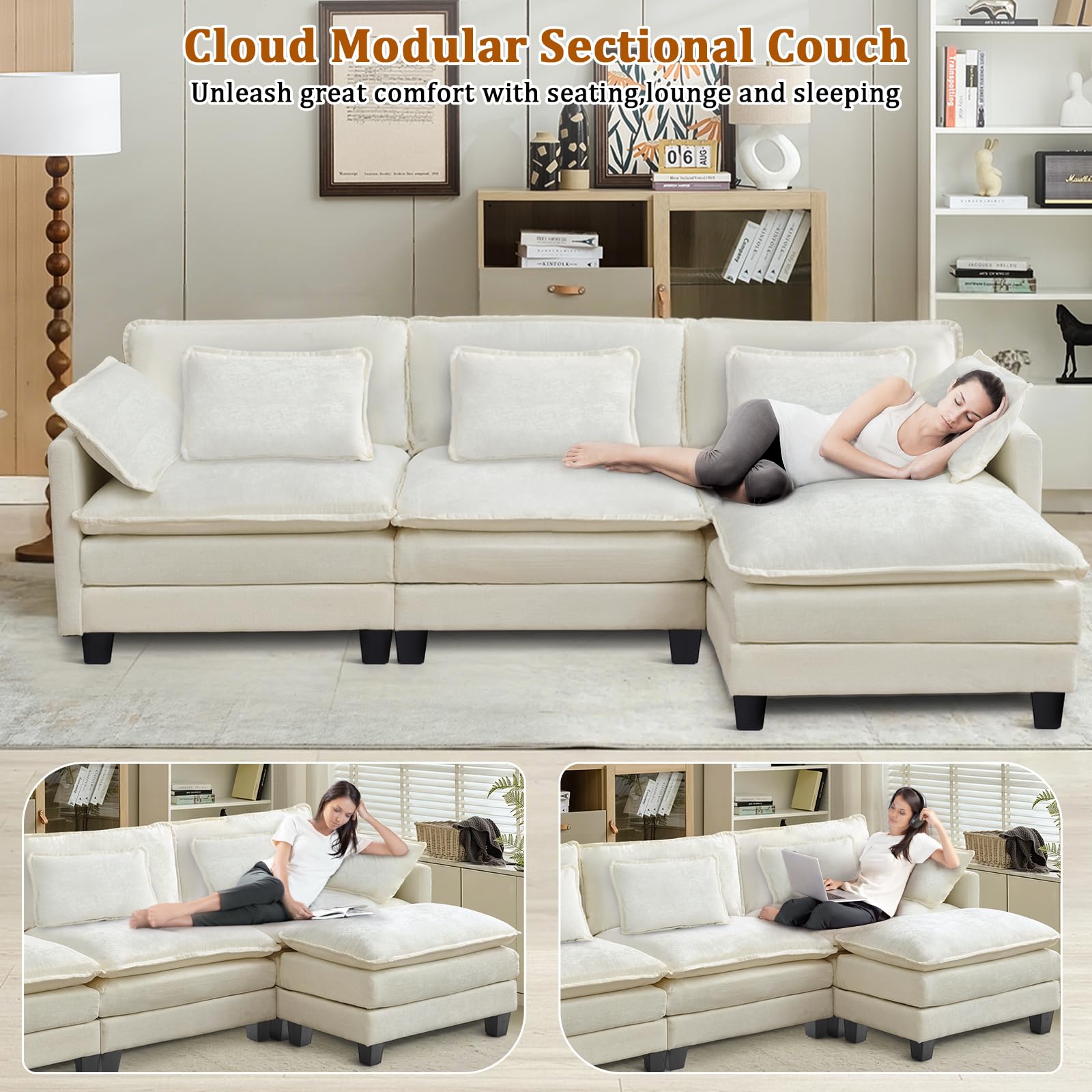 MANBUR Cloud Couch Sectional, Moudular Sectional Sofa Couch, 3-Seat L Shaped Extra Deep Seat Sofa Couch with Ottoman and Pillows for Living Room, Apartment, Office(Cream White)