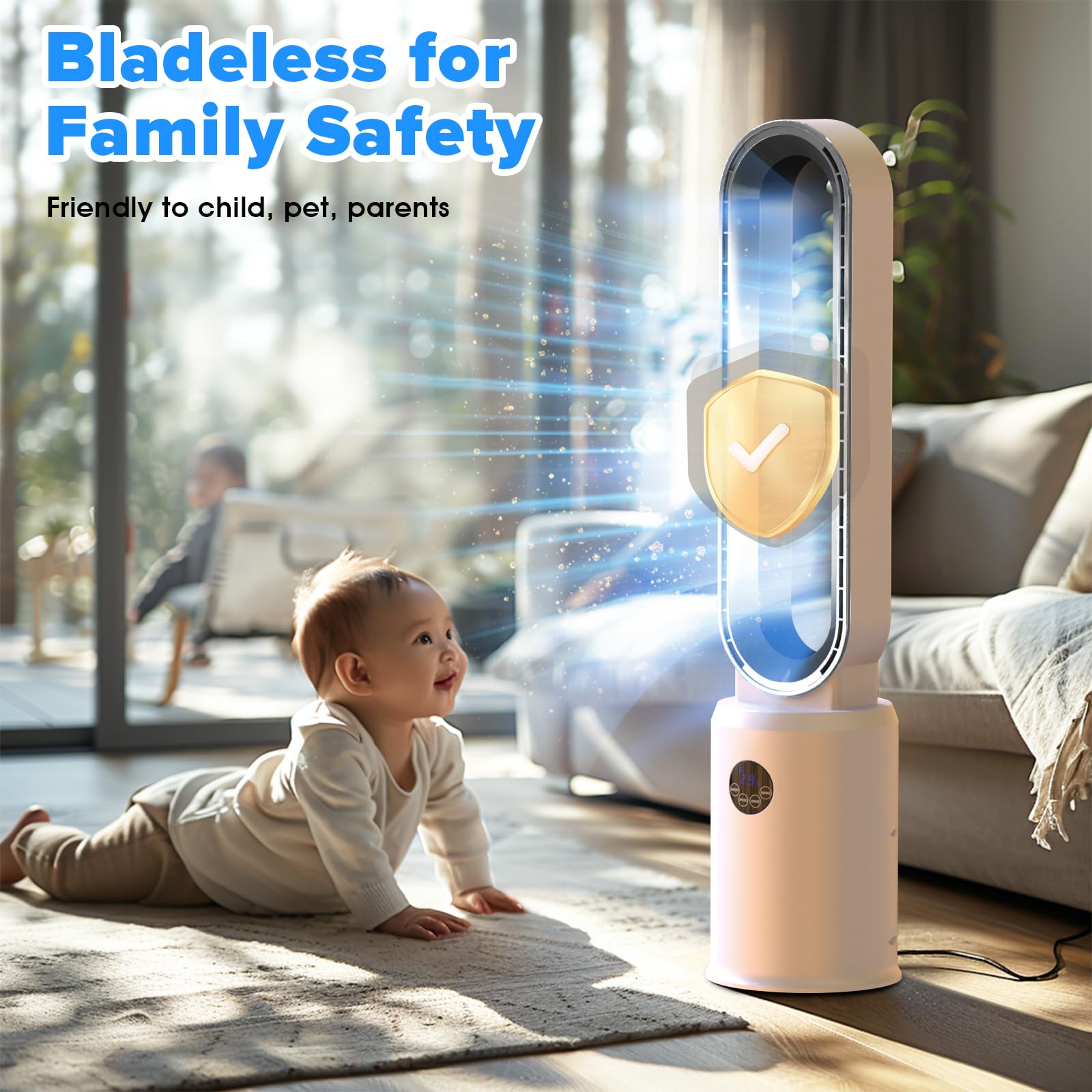 Cobuy Bladeless Tower Fan with Remote, Air Circulator Cooling Fan for Indoor Use, 24 Speeds Settings, 12 Timer, Quiet Oscillating Fan for Home Bedroom, Silver