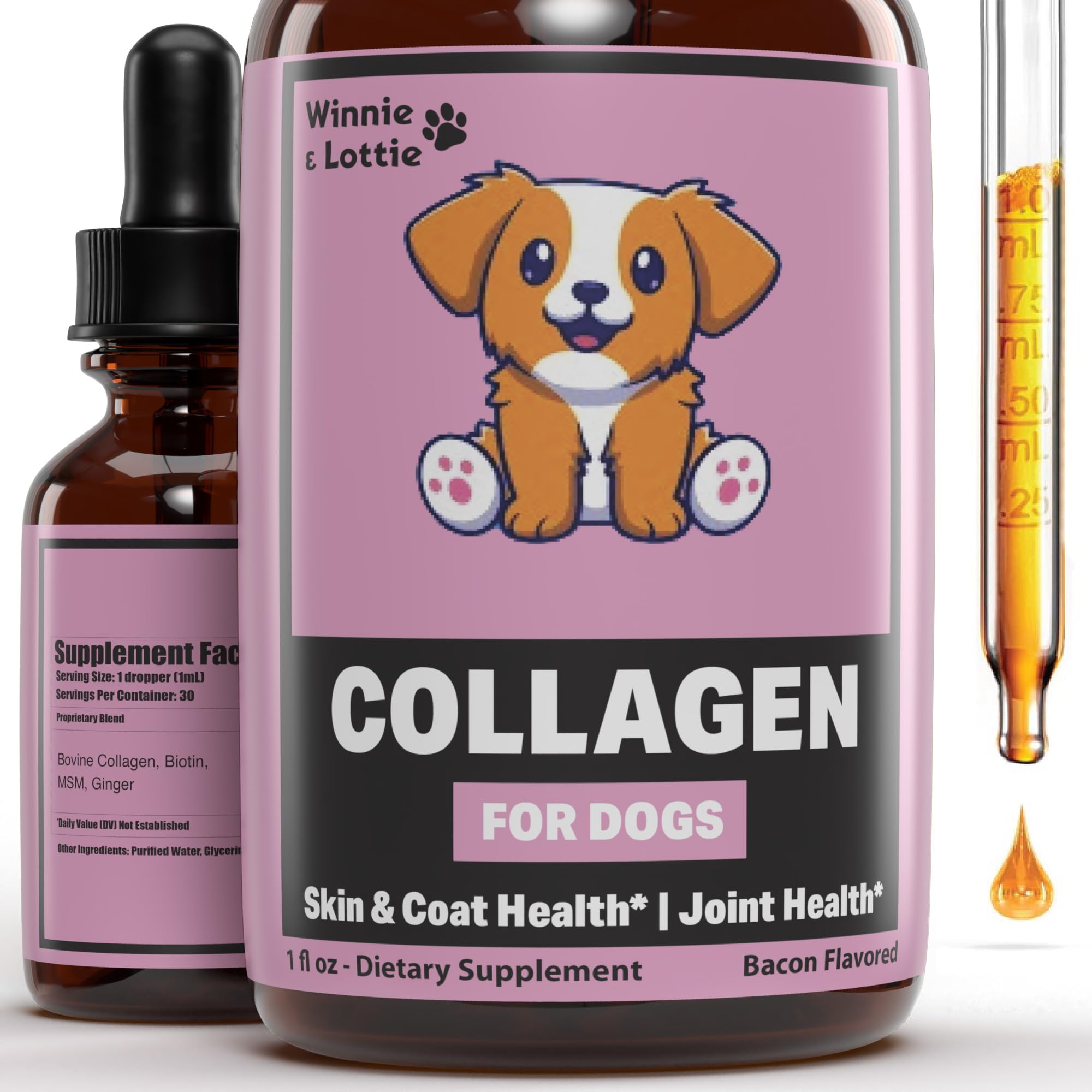 Collagen for Dogs - Liquid Collagen for Dogs - Skin and Coat Supplement for Dogs - Dog Liquid Collagen - Dog Collagen - Dog Collagen Drops - Collagen Dog - Collagen Dogs - 1 fl oz - Bacon Flavor