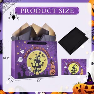 JEWOU Purple Halloween Party Gift Bag Halloween Birthday Gift Bag with Tissue Paper and Card Halloween Night Pumpkin Cat Ghost Wrapping Bat-Themed Favor Bag Halloween Wrapping Paper for Trick or Treat