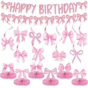 39pcs pink bow birthday party decorations set girl bow banner hanging swirls and honeycomb centerpieces pink bow banner for girl bachelorette bridal engagement baby shower coquette cute party supplies