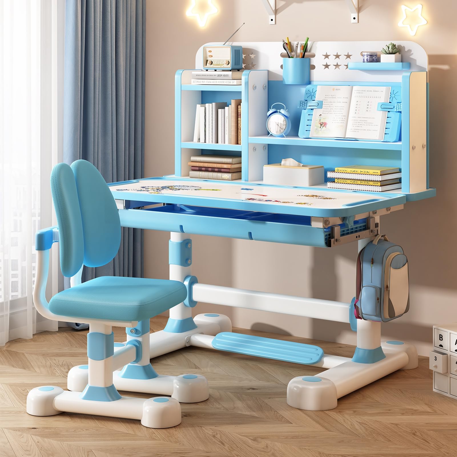 Shulemin Kid Desk and Chair Set Student Desk and Chair Set Height Adjustable Children School Study Table Chair Set with Sitting Corrector, Ergonomic Desk Chair with Book Stand, Foot Pedal Blue