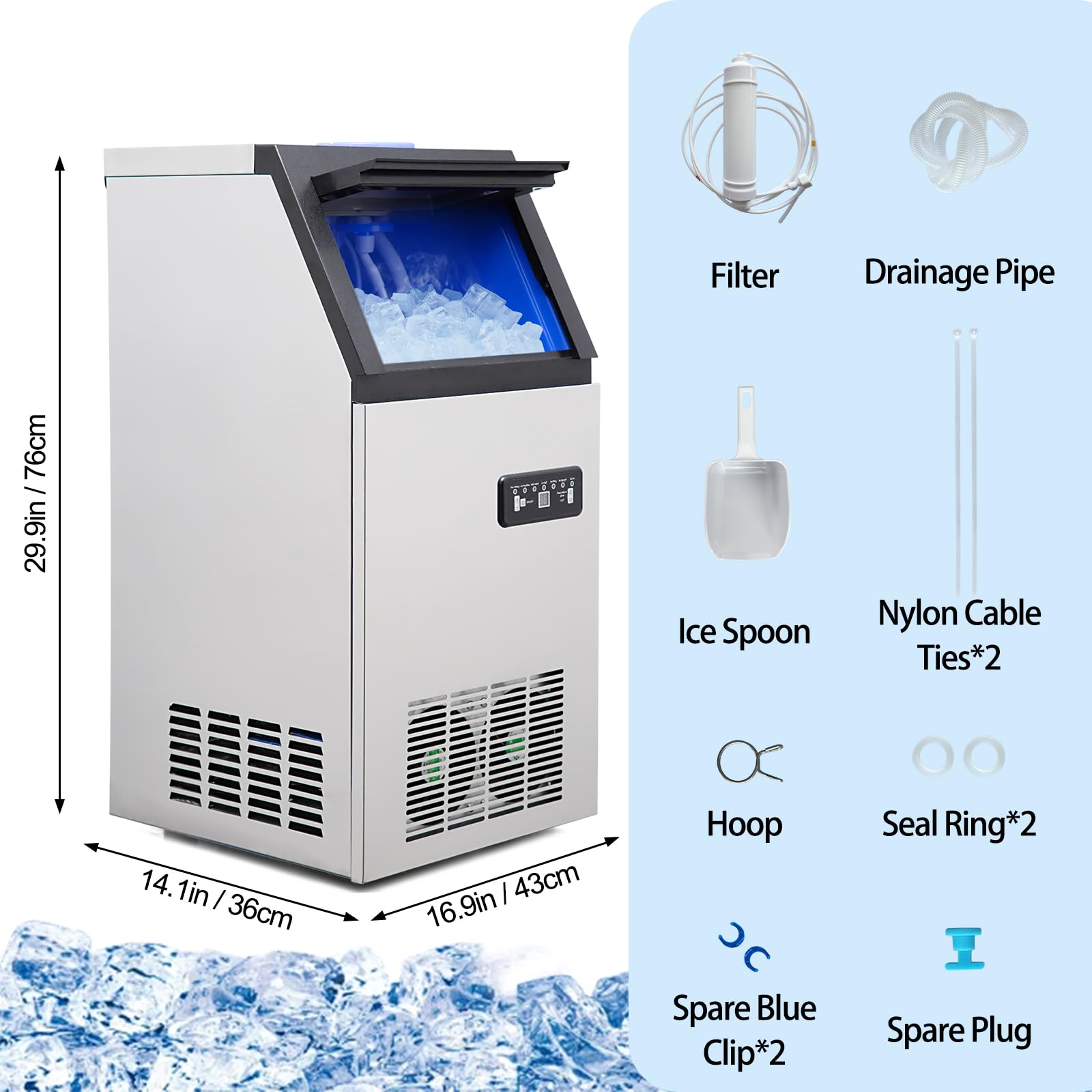 Commercial Ice Machine 120lbs/24H, Counter Ice Maker with 24LBS Storage Bin, 45 Ice Trays, Stainless Steel Ice Machine for Bar,Cafe,Restaurant ﻿