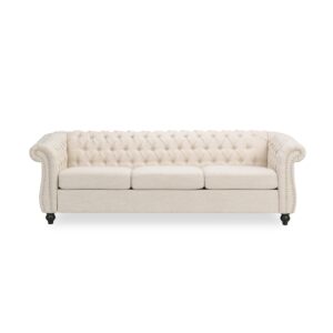 KEIKI 84" Sofa Couch 3-Seater with Button-Tufted Fabric,Mid Century Modern Design Chesterfield Style, Beige