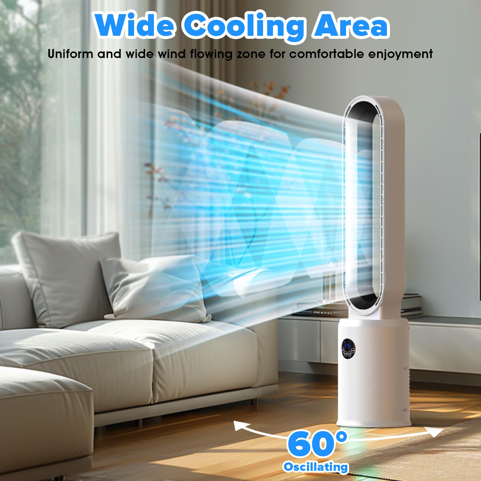 Cobuy Bladeless Tower Fan with Remote, Air Circulator Cooling Fan for Indoor Use, 24 Speeds Settings, 12 Timer, Quiet Oscillating Fan for Home Bedroom, Silver