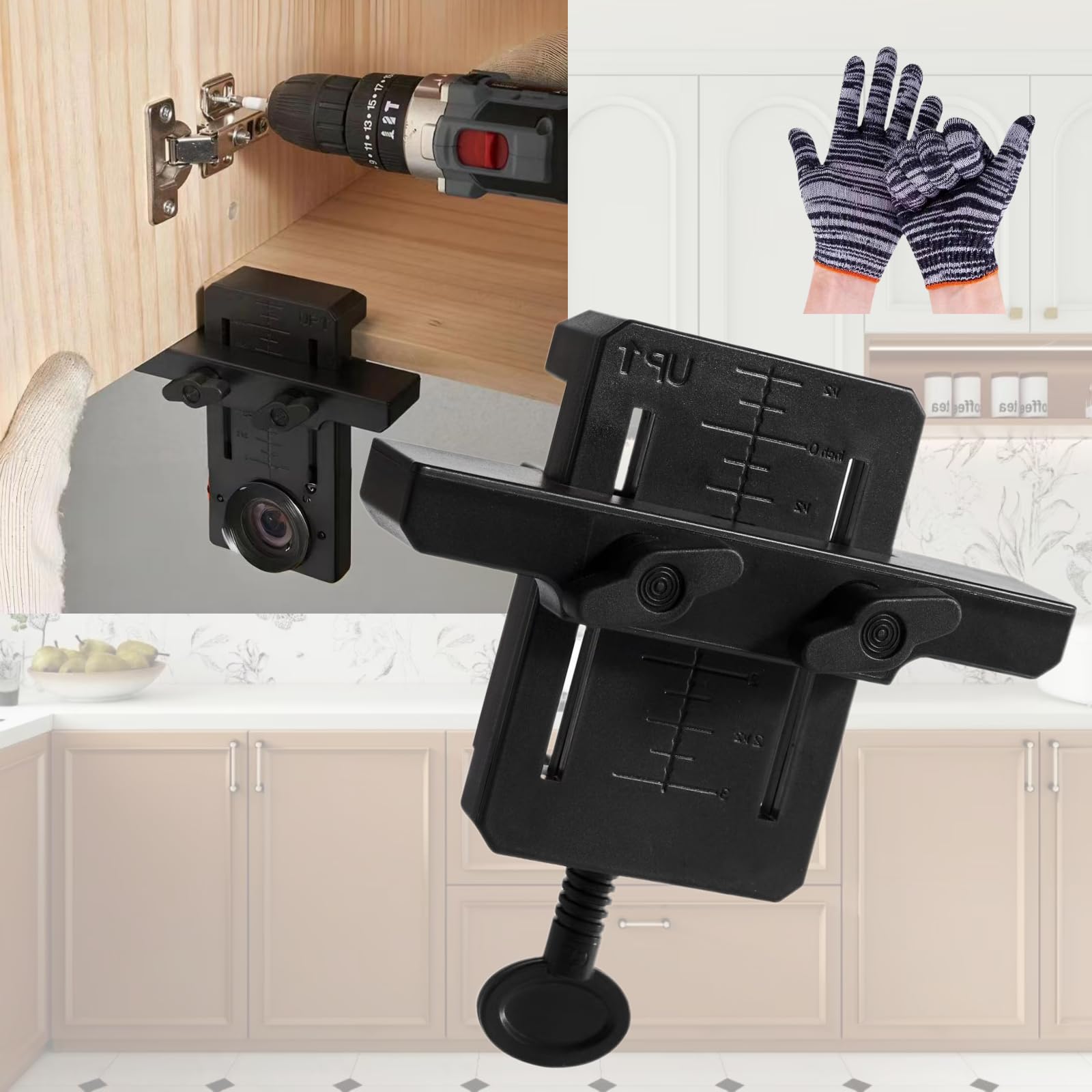 OGGOOLLA Install Cabinets Tools, Adjustable Length Cabinet Door Installation Positioner, Cabinet Door Mounting Jig, Cabinet Hardware Jig, Cabinet Installation Tools, With Gloves (Black)