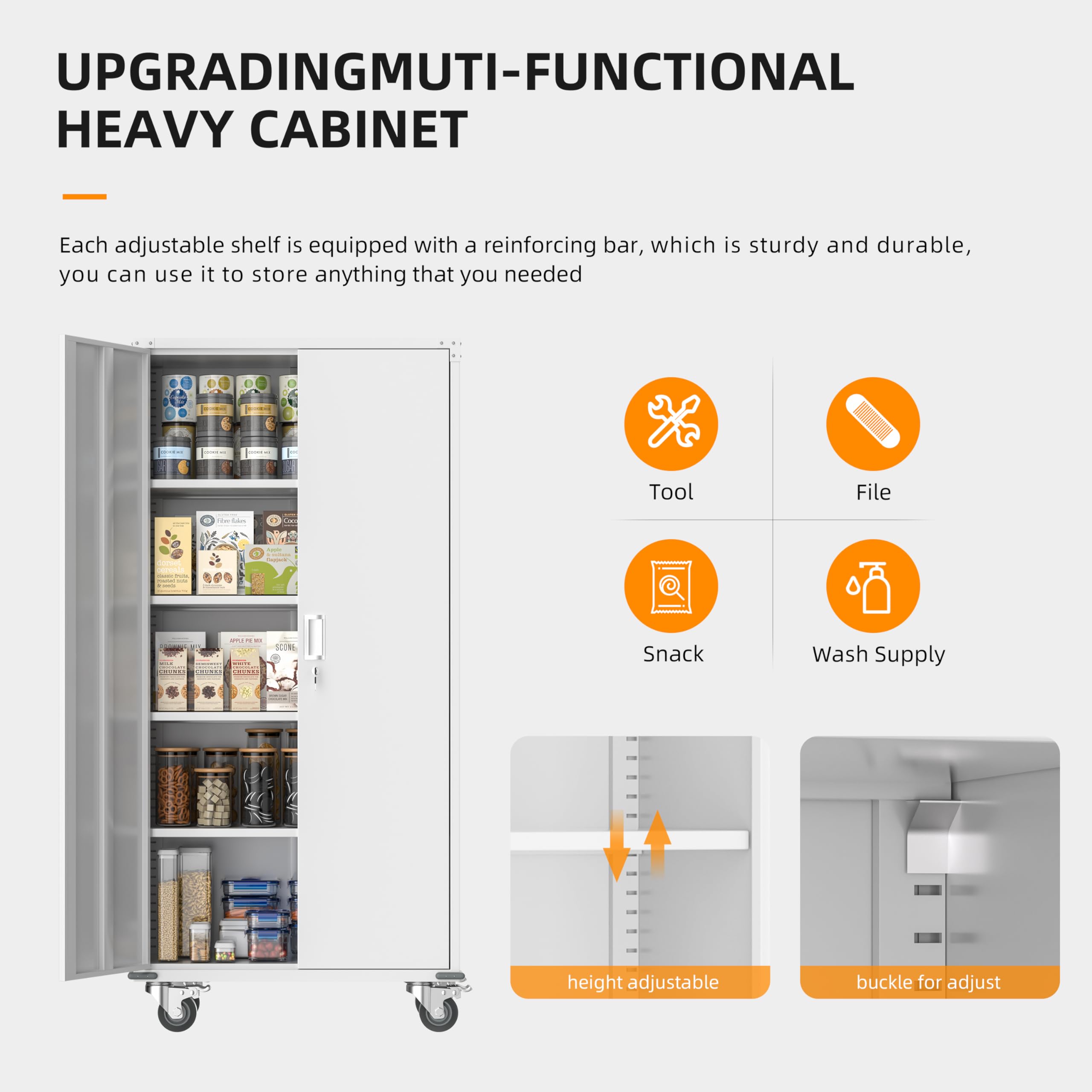 Superday 74” Metal Cabinet with Wheels, Lockable Steel Utility Cabinet with 2 Doors and 4 Adjustable Shelves, Tall Storage Cabinet for Garage, Home Office, Kitchen Pantry, Living Room, Bedroom, White