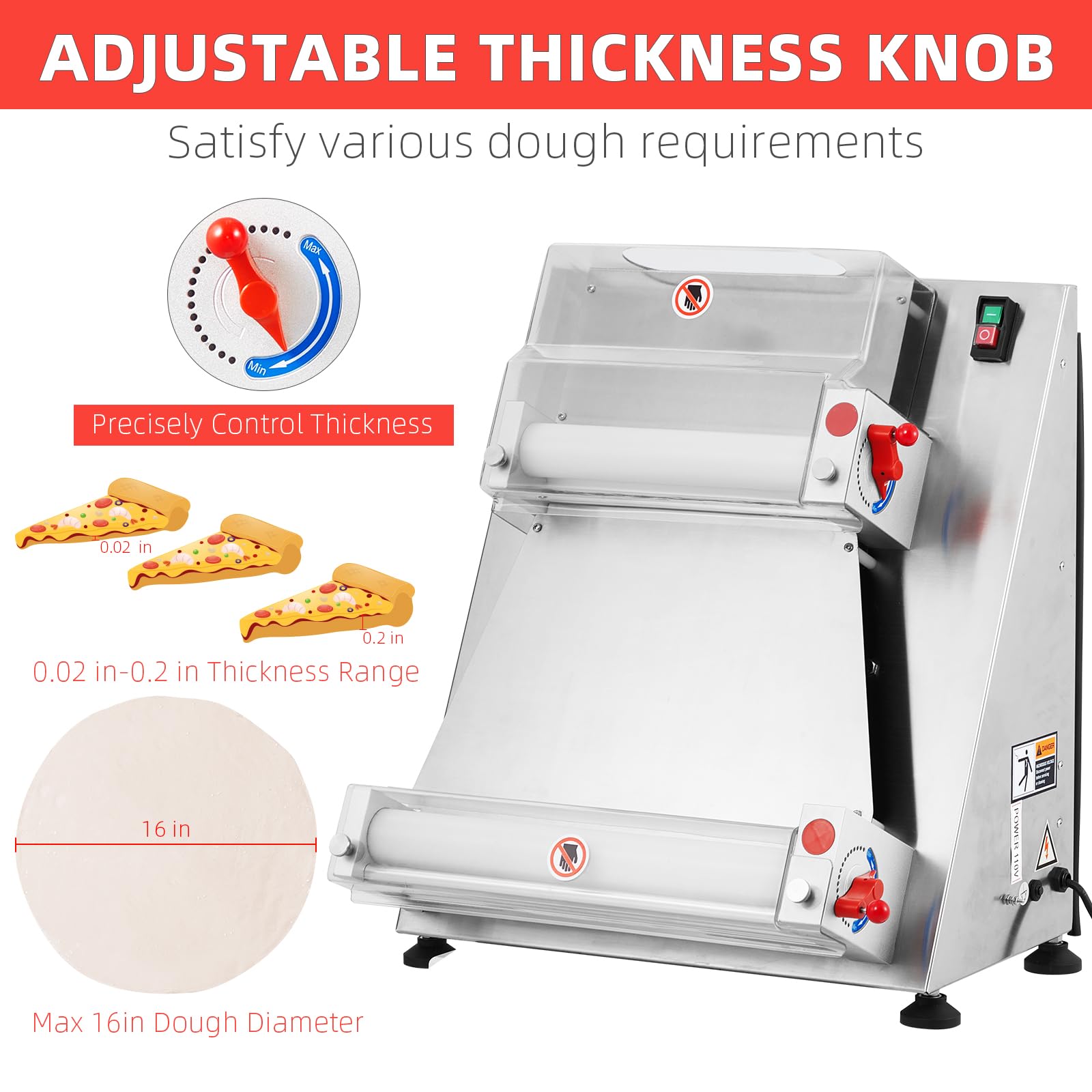 GarveeHome Commercial Pizza Dough Roller Sheeter,Max 16" Automatic 370W Electric Pizza Dough Roller, Stainless Steel, Suitable for Noodle, Pizza Bread and Pasta Maker Equipment