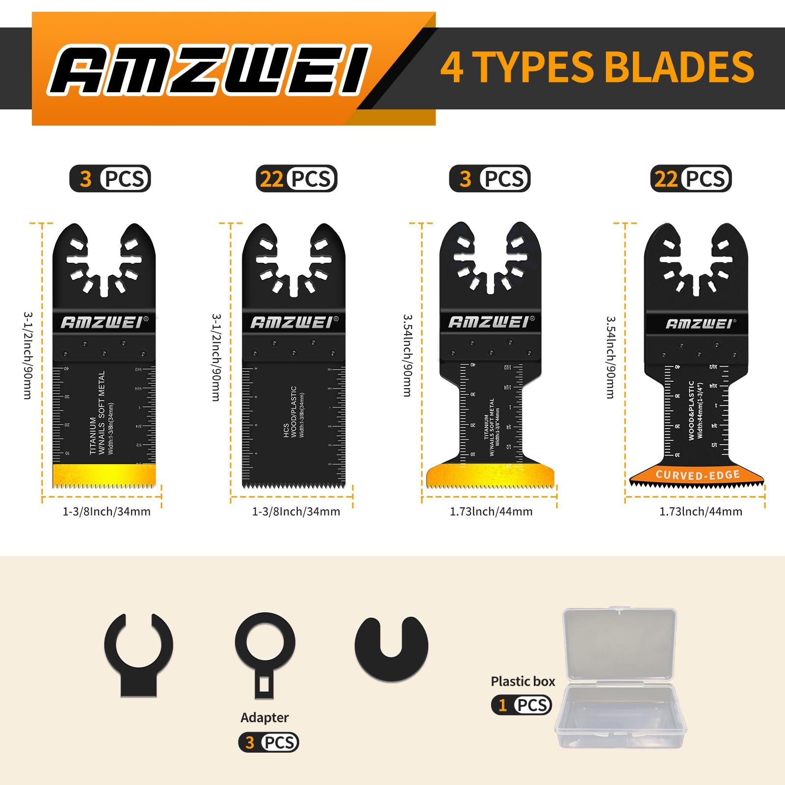 AMZWEI 50PCS Titanium Oscillating Tool Blades, Curved Edge Oscillating Saw Blades for Metal, Wood, Plastic, Quick Release Multi Tool Blades Compatible with Dewalt Milwaukee Ryobi Rockwell Fein