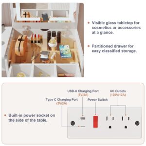 Solarka Small Vanity Desk with Mirror, Compact Vanity with Hidden Chair for Space Saving, 3 in 1 Makeup Vanity with Glass Top Power Outlet, Modern Dressing Table for Apartment Dorm