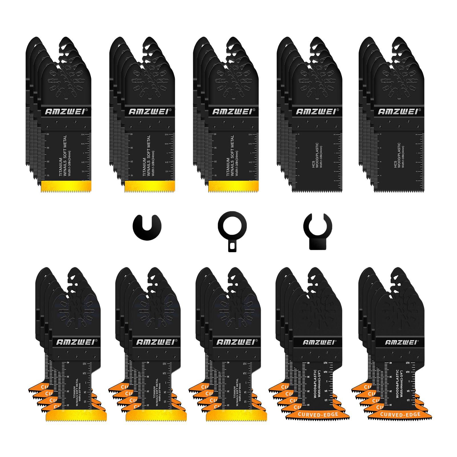 AMZWEI 50PCS Titanium Oscillating Tool Blades, Curved Edge Oscillating Saw Blades for Metal, Wood, Plastic, Quick Release Multi Tool Blades Compatible with Dewalt Milwaukee Ryobi Rockwell Fein