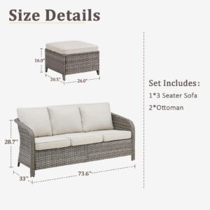 LUMIINOFAMI 3 Piece Patio Couch PE Wicker 3-seat Sofa, 73.6'' Long Outdoor Couch Patio Sofa with 2 Ottoman, Barrel-Shaped Wicker Sofa Outdoor Furniture Rattan Wicker Sofa for Patio Deck Porch