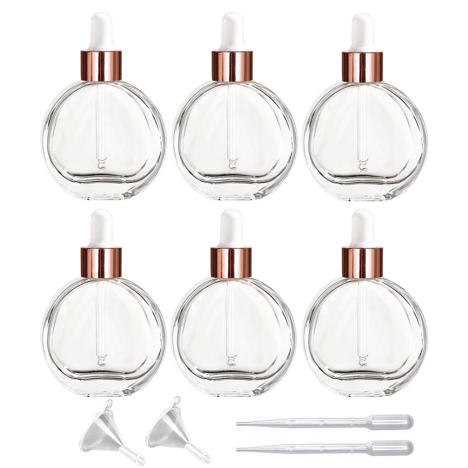 PYAWI 6Pcs, 2 oz Glass Dropper Bottles for Essential Oils ，60ml flat round perfume bottle with Eye Droppers， for Essential Oils, Perfumes, Serums - Leakproof for Travel (A- Clear/Rose Gold)