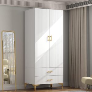 vinform wardrobe armoire with 2 doors, 2 drawers and hanging rods, twill wood closet storage with metal cabinet legs, white 20.4" d x 31.5" w x 76.77" h (left modern)