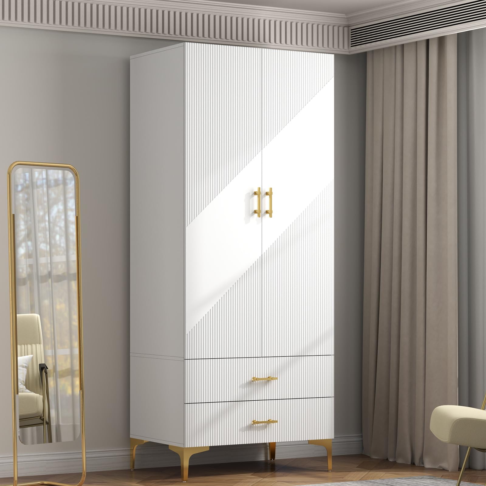 vinform Wardrobe Armoire with 2 Doors, 2 Drawers and Hanging Rods, Twill Wood Closet Storage with Metal Cabinet Legs, White 20.4" D x 31.5" W x 76.77" H (Left Modern)