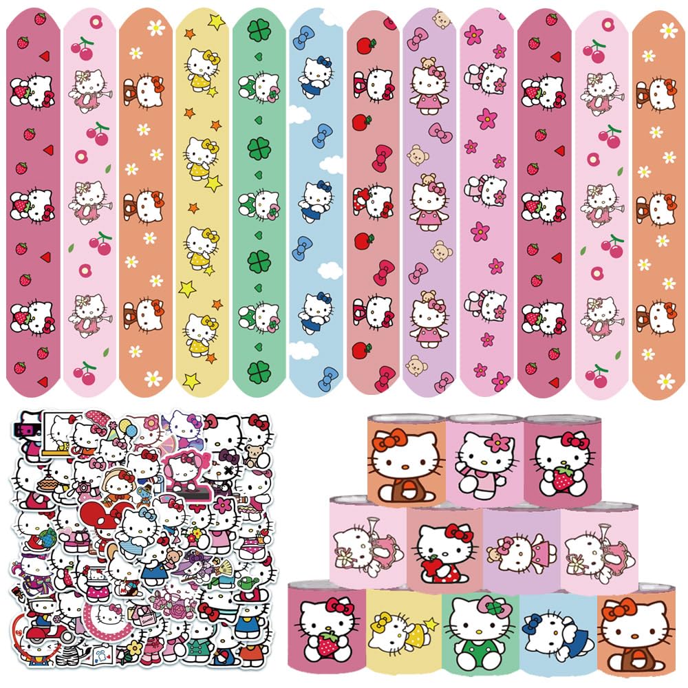 GOTOFUN Kitty Party Supplies, Kitty Slap Bracelets, 86PCS Party Favors Contains 36 Slap Bracelets and 50 Stickers, Great Birthday Gift for Boys Girls, Kawaii Goodie Bag Stuffers