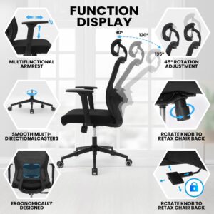 balmstar Ergonomic Office Mesh Chair, High Back Swivel Comfty Desk Chairs- 3D Armrest Adjustable Lumbar Support Capacity 400lbs and Headrest Wide for Home & Office, Bedroom (Black)