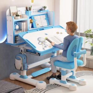 Shulemin Kid Desk and Chair Set Student Desk and Chair Set Height Adjustable Children School Study Table Chair Set with Sitting Corrector, Ergonomic Desk Chair with Book Stand, Foot Pedal Blue