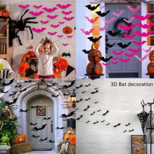 48 Pcs Halloween Wall Decor 3D Bats Wall Decals Removable Rose Pink Black Designs DIY Halloween Decorations Stereo Bats Wall Stickers for Halloween Party Indoor Home Kitchen Bedroom Decorations