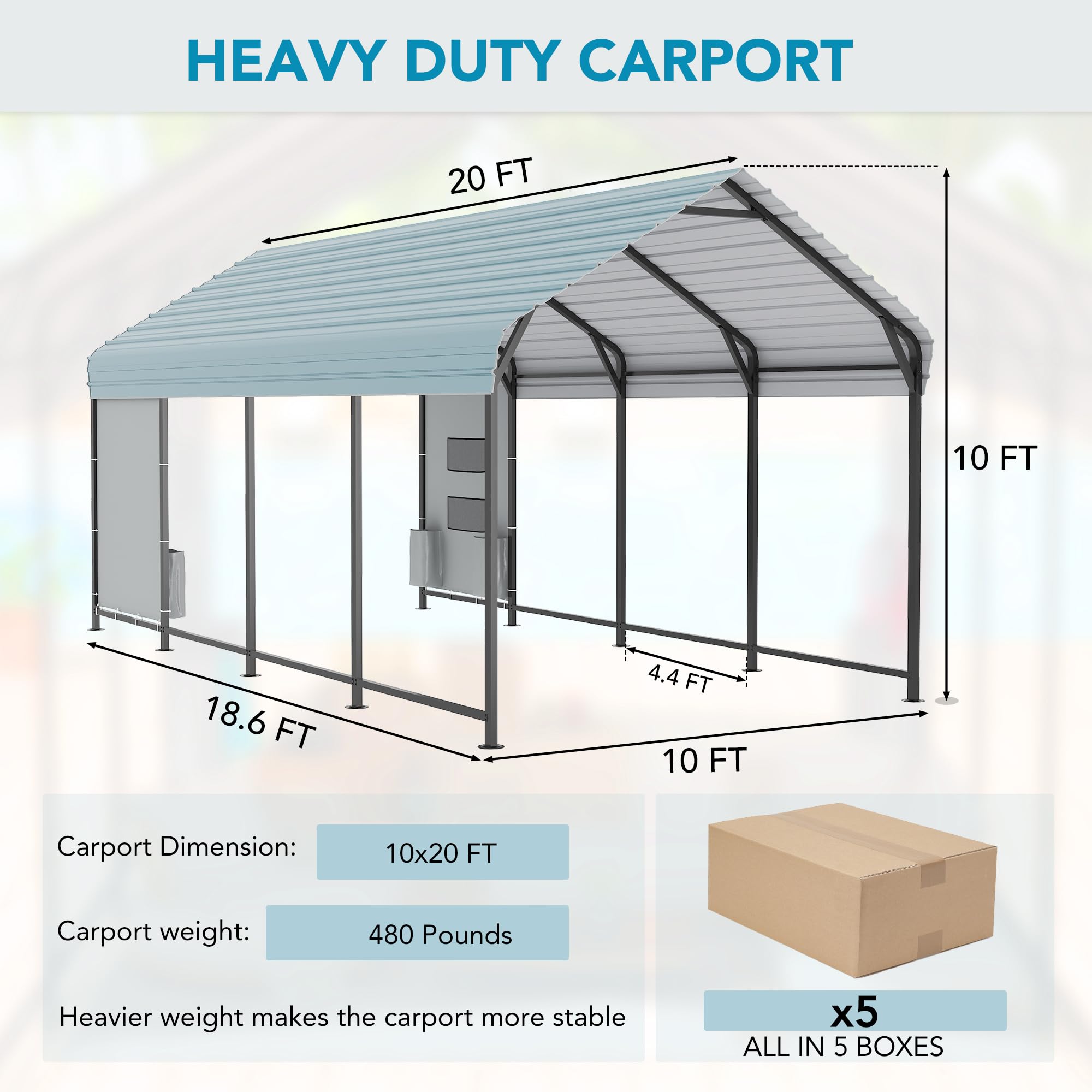 Sundale Outdoor Metal Carport 10' x 20', Heavy Duty Canopy for Garage, Car Garage Shelter with Galvanized Metal Roof and Two Bibs with Pockets for Jeep and Boat, Grey