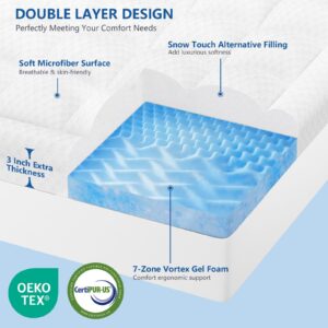 KAYFIA Dual Layer 3 Inch Memory Foam Mattress Topper Full,2 Inch Gel Memory Foam Plus 1 Inch Down Alternative Pillow Top Mattress Topper,with 8-21 Inch Deep Pocket,Support for Back (White, Full)