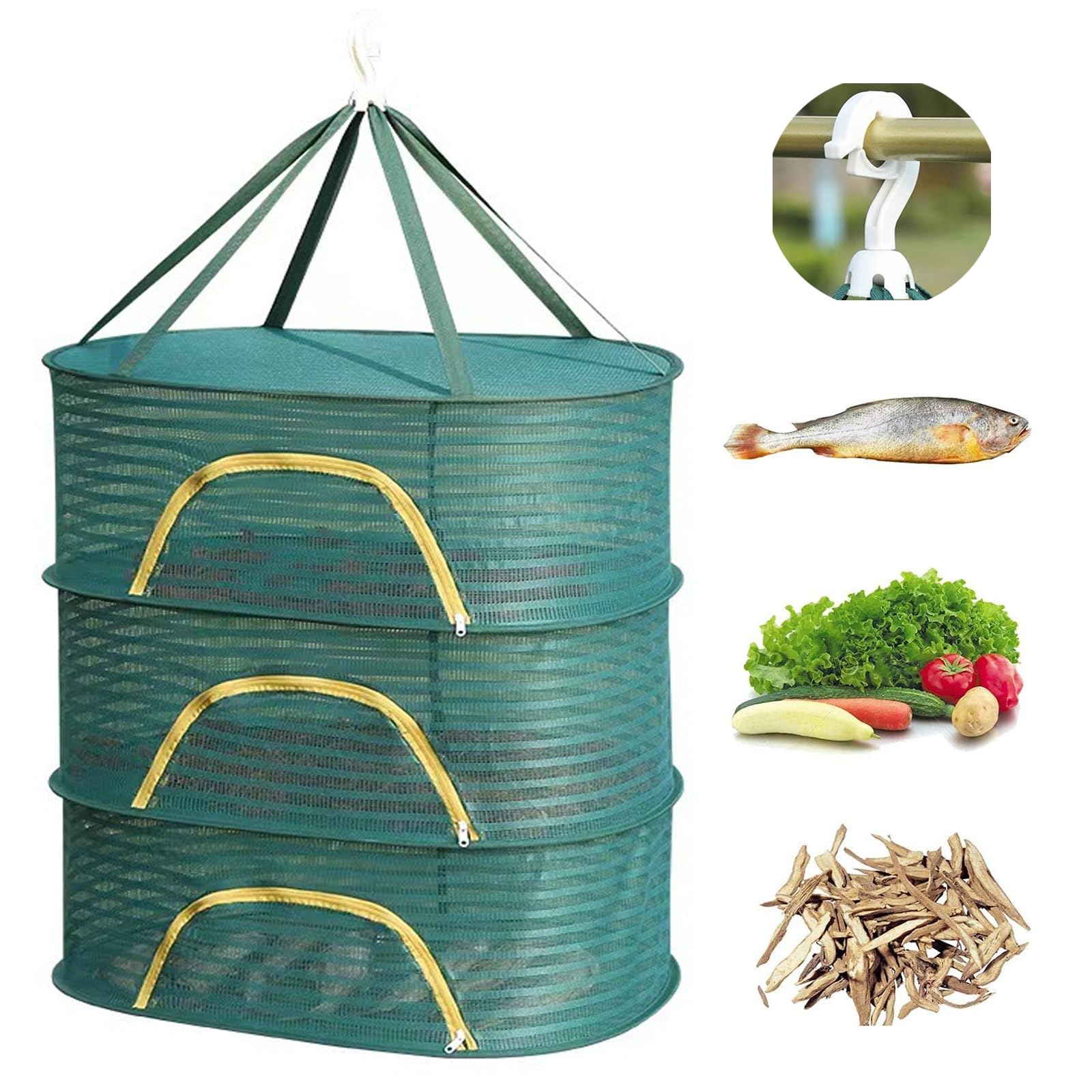 Hanging Drying Net Herb Drying Rack Foldable Fish Mesh Rack Net 19.7"x27.6"x25.5" Large 3 Layer Collapsible Dry Net with Zippers for Drying Fish Plants Vegetables Fruit Herb Flowers Clothes (Green)