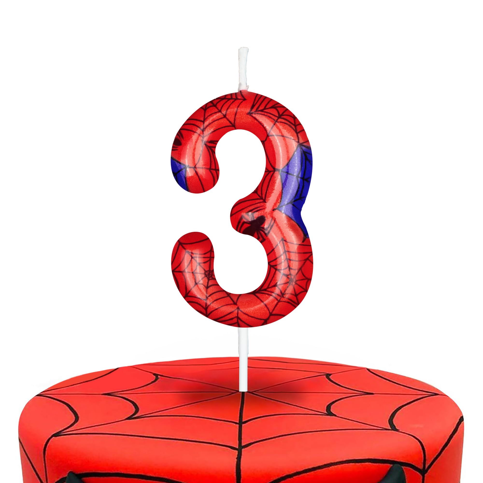 Red Blue Spider 3rd Birthday Number Candles, Number 3 Candle Cake Topper Decorations for Spider Cartoon Themed Parties, 3rd Birthday Cake Candles for Boys Girls Kids Party Supplies