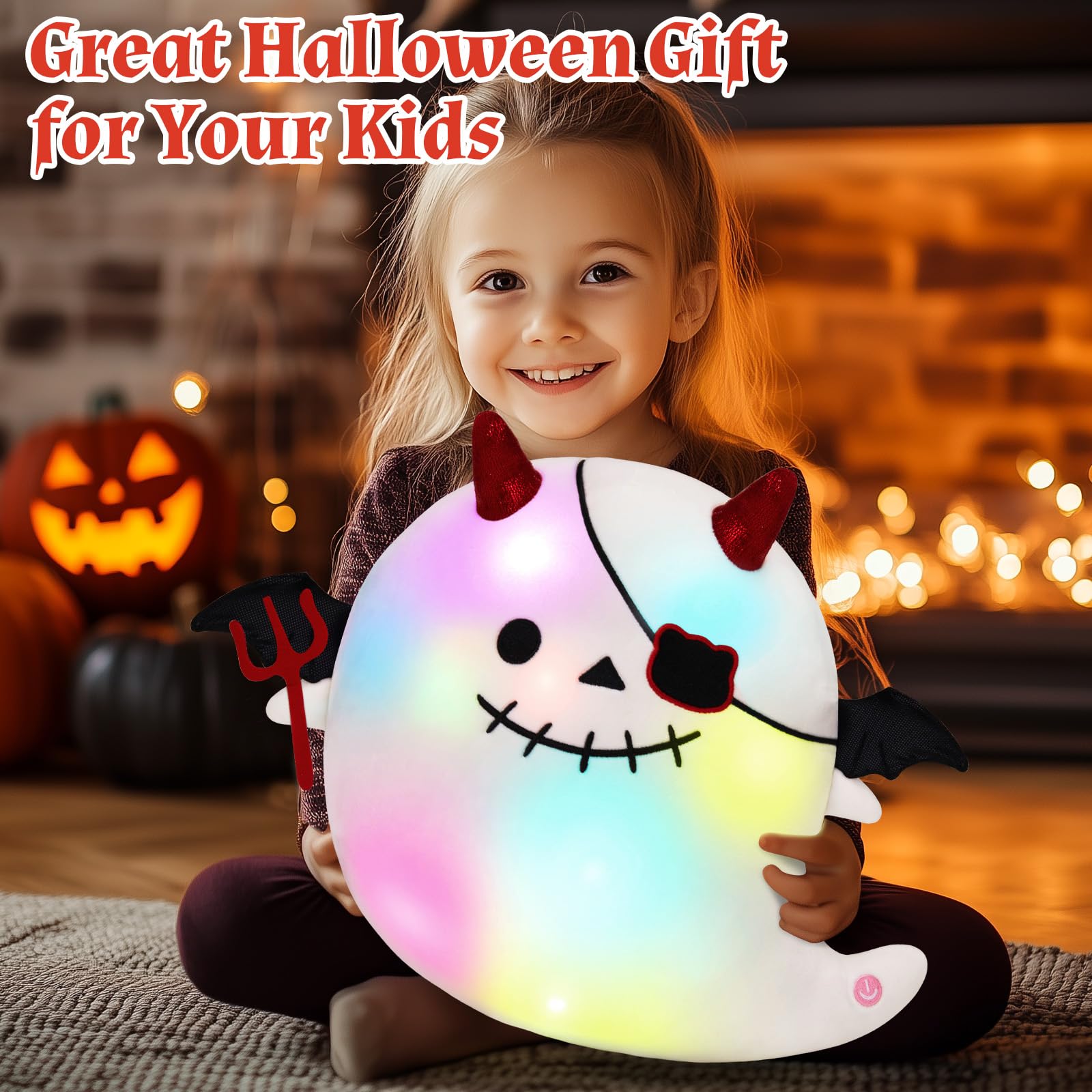 WEWILL 12'' Light up Halloween Ghost Soft Plush Pillow with Bat Wings Spooky Glow Devil Halloween Stuffed Animal Gifts for Toddler Kids Boys Girls