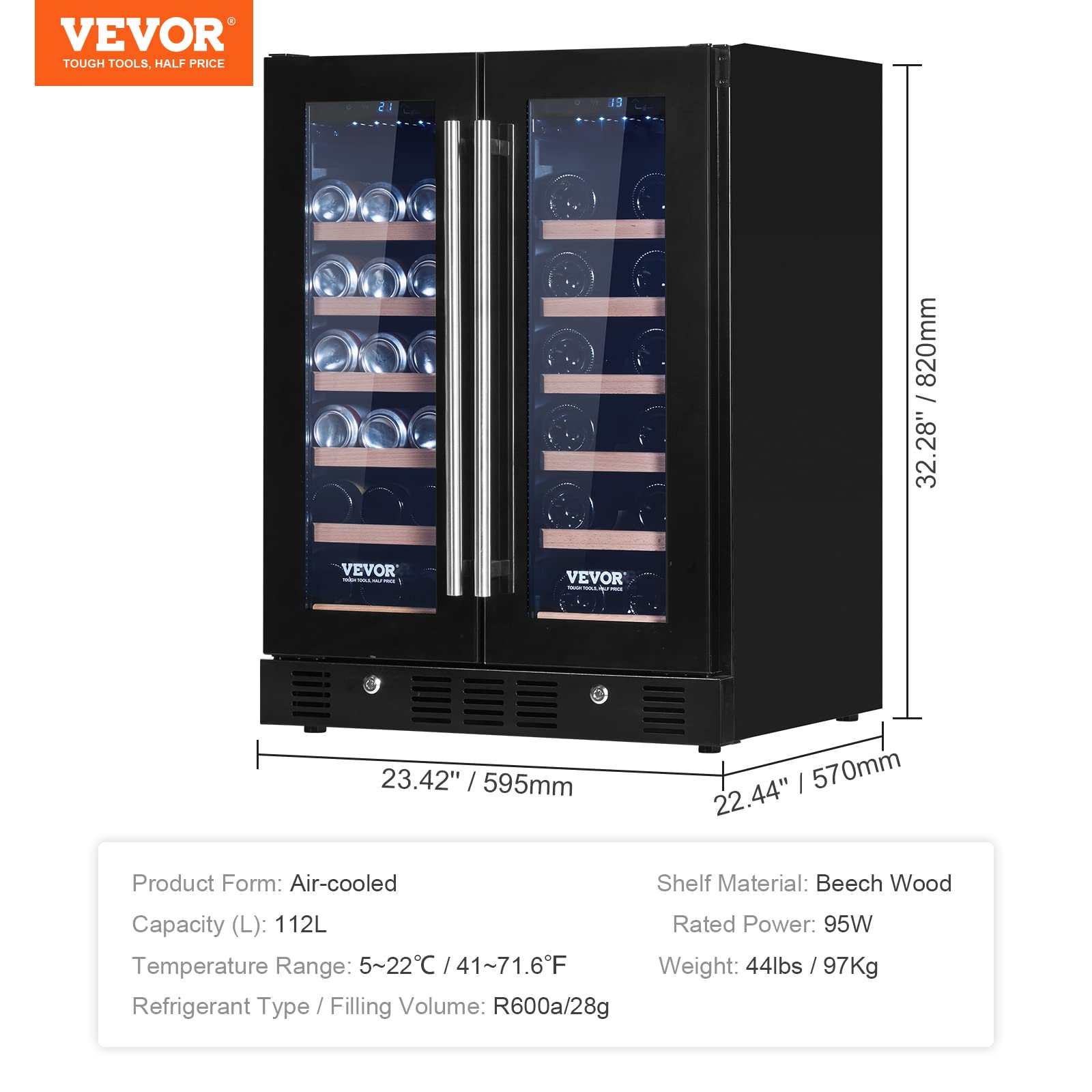 VEVOR 24" Cooler for Wines & Drinks, Holds 78 Cans & 20 Bottles, Dual Zone, Tempered Glass, Digital Temperature Settings, Blue Lighting, Safety Lock, Install Anywhere, ETL Certified