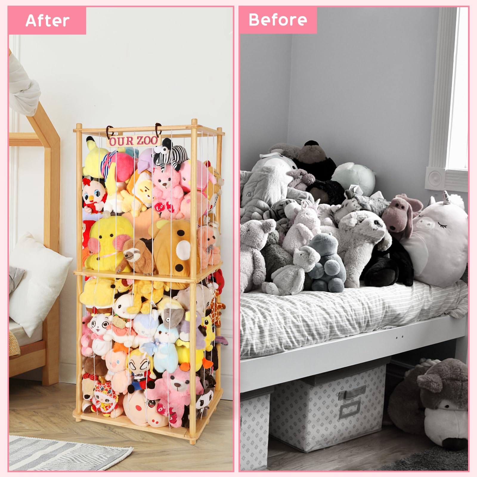 Extra Large Stuffed Animal Storage for Corner Organizer,Premium Wooden Material with Elastic Cord Hold Up to 250 Plush Toys,Stuffed Zoo Animal Holder and Collection for Playroom-Birthday (Extra Large)