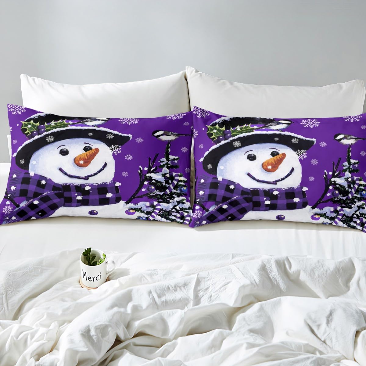 Feelyou Kids Christmas Theme Decorations Bedding Set Xmas Snowman Duvet Cover for Boys Girls Snowflake Kawaii Cute Comforter Cover Set Purple Bedspread Cover Bedroom Collection King Size