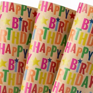 WRAPAHOLIC Kraft Birthday Wrapping Paper Sheet - 6 Sheets Colorful Happy Birthday Design Folded Flat for Birthday, Baby Shower, Party, Holiday - 19.7 Inch x 27.5 Inch Per Sheet