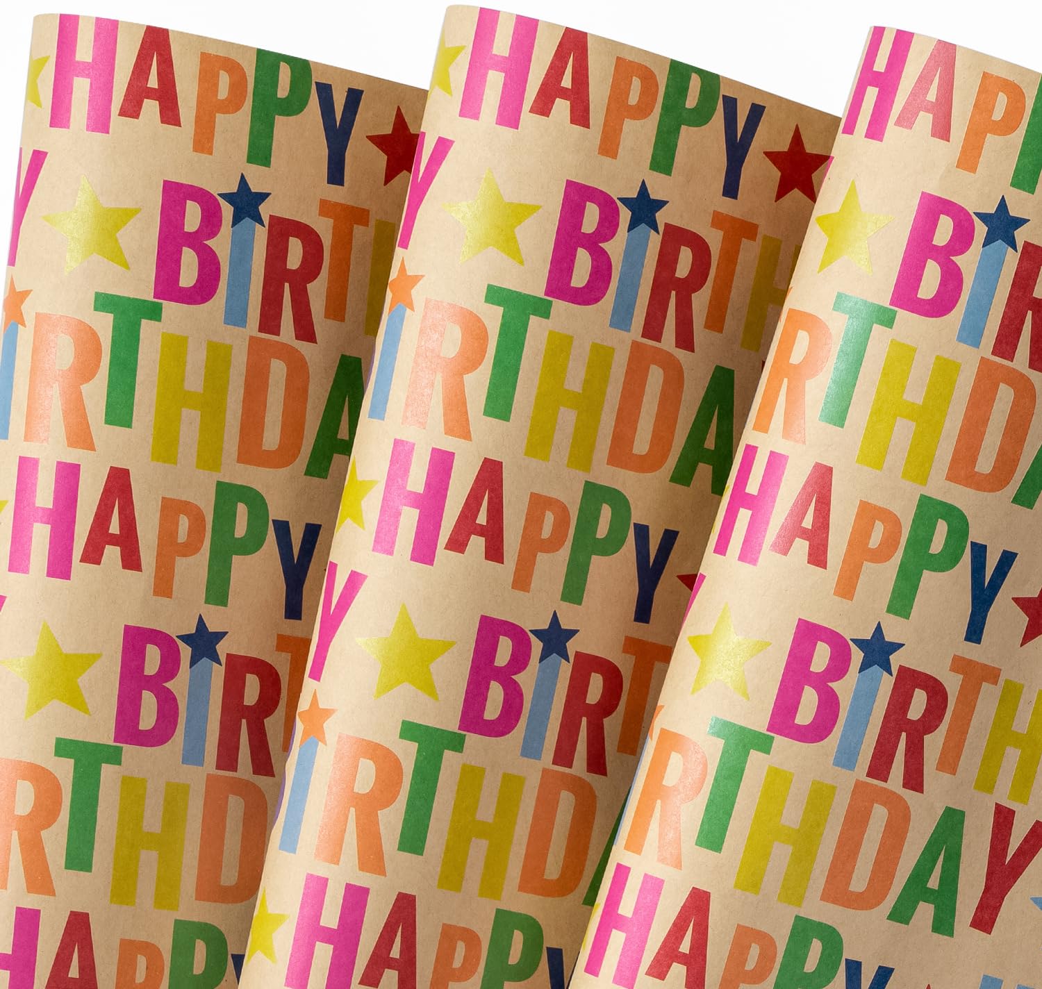 WRAPAHOLIC Kraft Birthday Wrapping Paper Sheet - 6 Sheets Colorful Happy Birthday Design Folded Flat for Birthday, Baby Shower, Party, Holiday - 19.7 Inch x 27.5 Inch Per Sheet