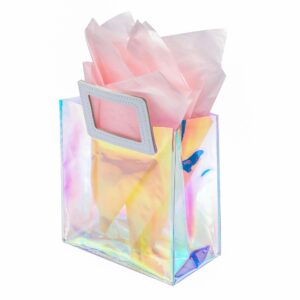 keerxunbag 1 pack holographic gift bags with handles & 2 tissue paper sheets – iridescent transparent reusable bags for women, girls, birthdays, weddings，pink gift bag