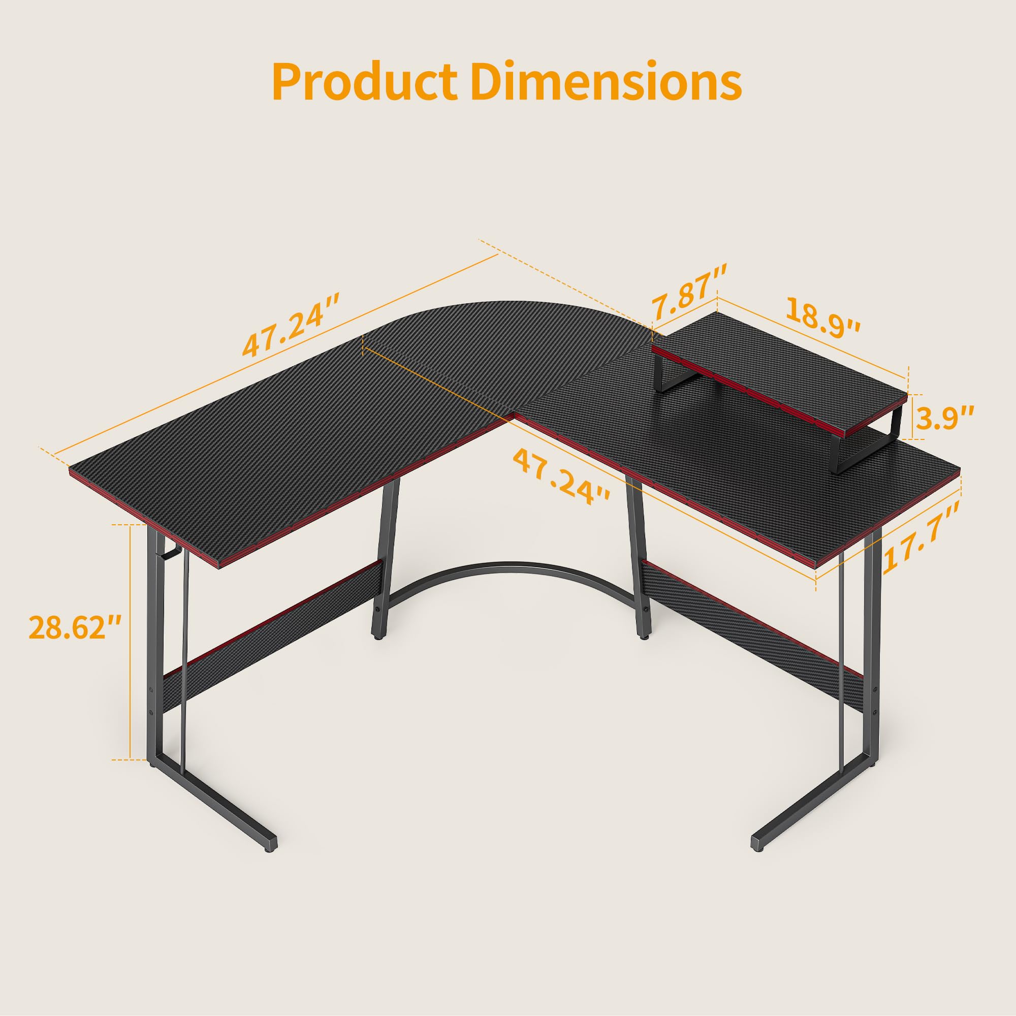 Cubiker L Shaped Desk, Computer Corner Desk, Gaming Desk with Monitor Stand, Home Office Study Writing Workstation, Space-Saving（47 Inch Black Carbon Fiber）