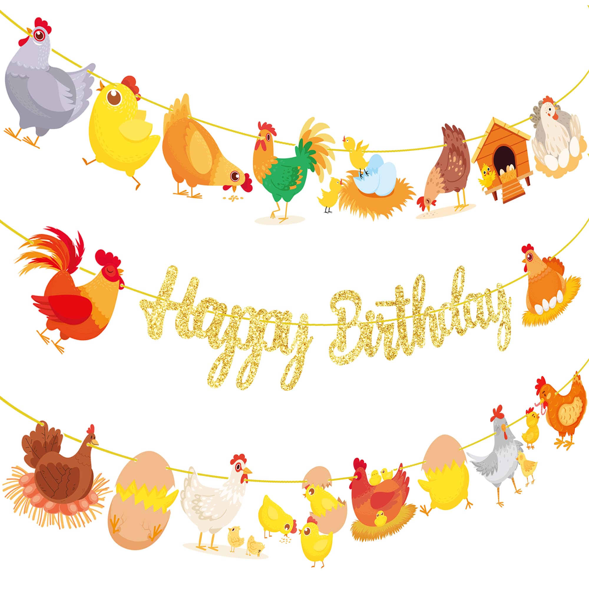 Chicken Birthday Banners 3PCS Chicken Birthday Party Decorations Glitter Gold Chicken Farm Birthday Party Supplies for Chick Backyard Theme Baby Shower Decorations