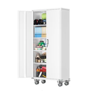 superday 74” metal cabinet with wheels, lockable steel utility cabinet with 2 doors and 4 adjustable shelves, tall storage cabinet for garage, home office, kitchen pantry, living room, bedroom, white