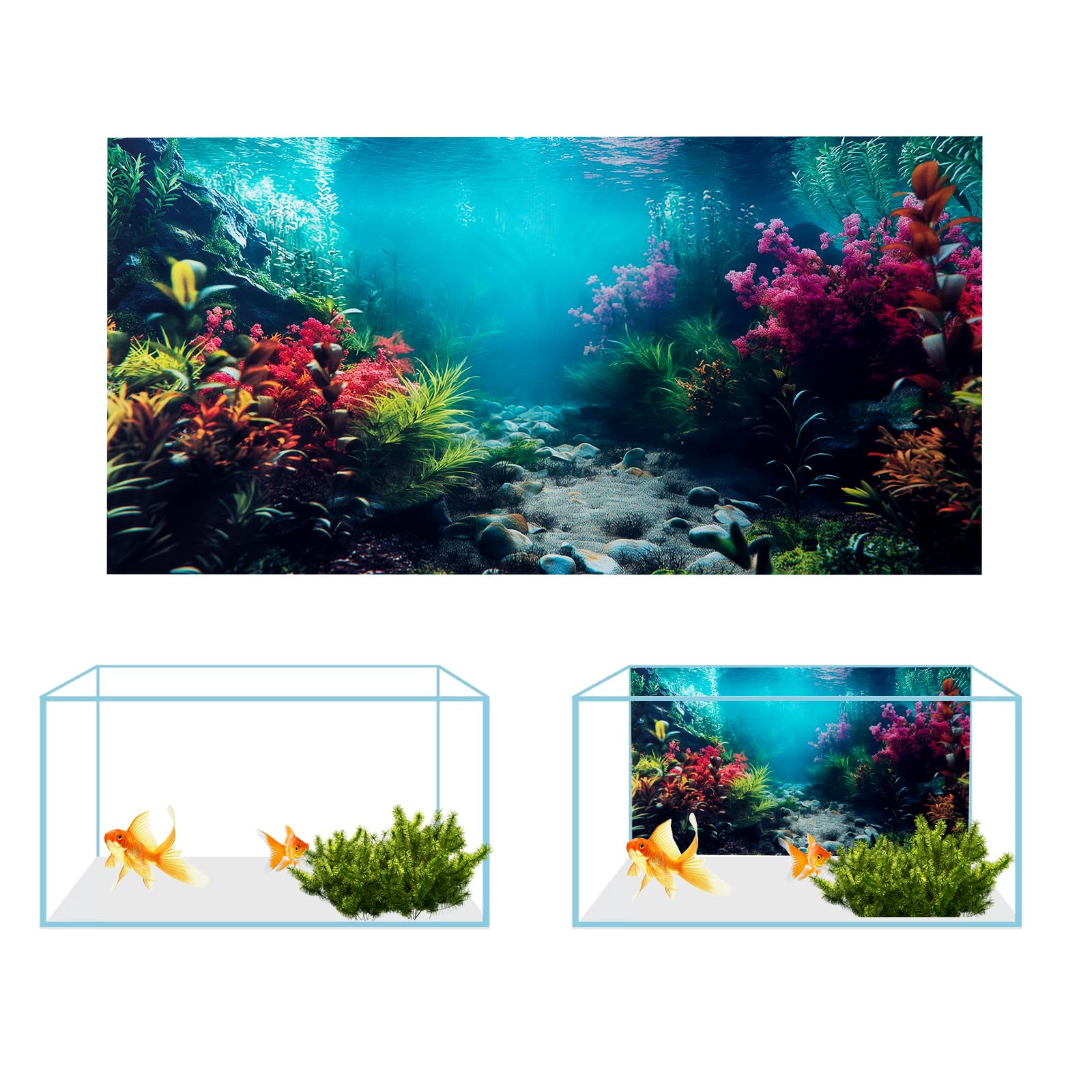 COMSUN 3 Pack Aquarium Background, 48x24 inches Polyester Aquarium Background, Cloth Fish Tank Background, Undersea Corals Sunshines & Rock Aquatic Plants