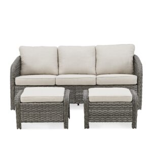 lumiinofami 3 piece patio couch pe wicker 3-seat sofa, 73.6'' long outdoor couch patio sofa with 2 ottoman, barrel-shaped wicker sofa outdoor furniture rattan wicker sofa for patio deck porch