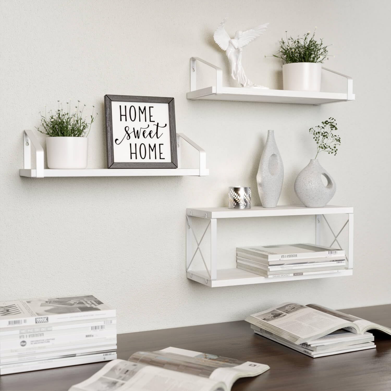 RICHER HOUSE Floating Bathroom Shelves, Bathroom Shelves Over Toilet, White Shelves for Bathroom Wall Decor, Wall Mounted Hanging Shelves for Bedroom, Kitchen Wall Storage and Organizers - White