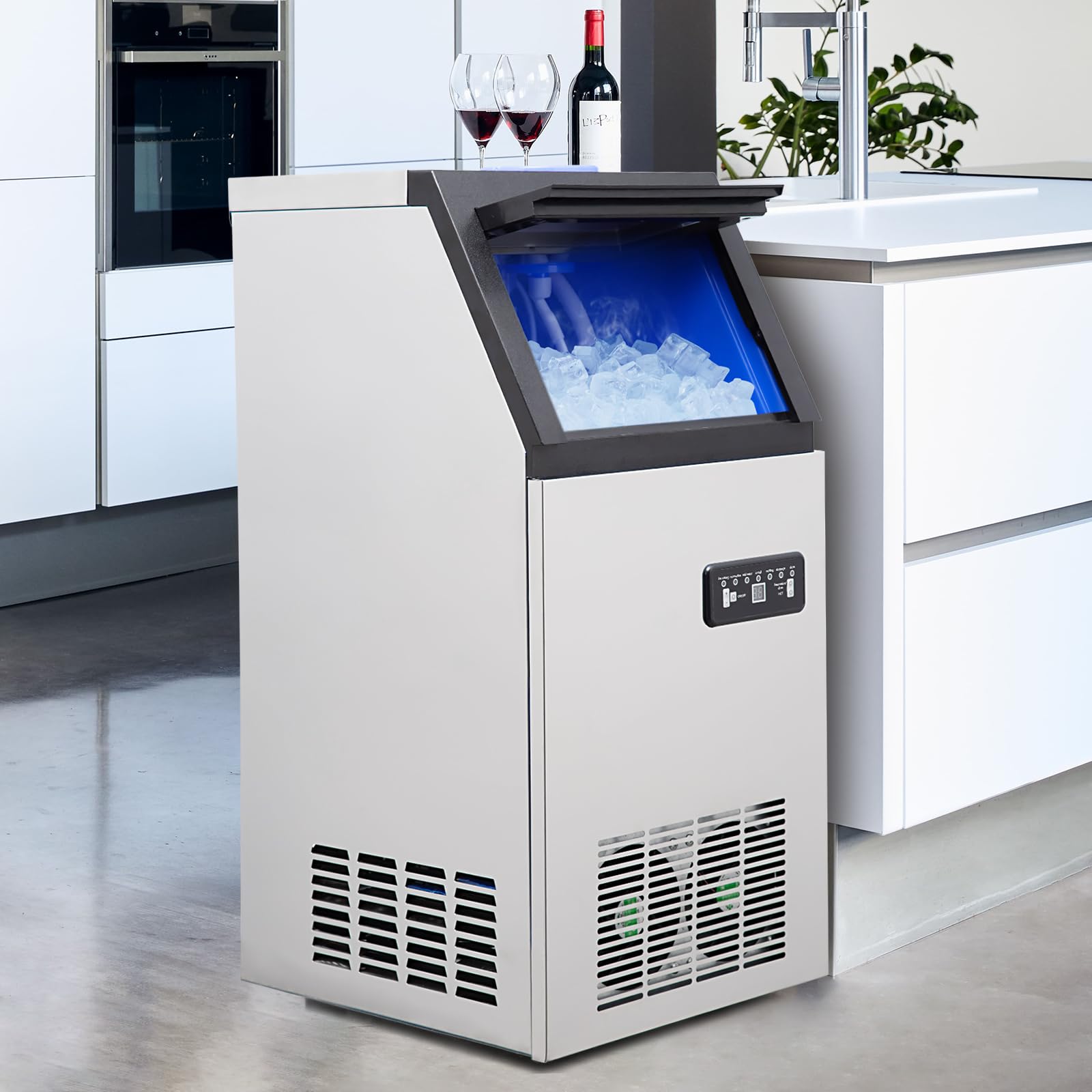 Commercial Ice Machine 120lbs/24H, Counter Ice Maker with 24LBS Storage Bin, 45 Ice Trays, Stainless Steel Ice Machine for Bar,Cafe,Restaurant ﻿